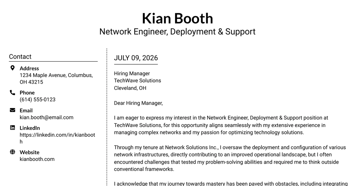 30+ Network Engineer, Deployment & Support Cover Letter Templates with Example 2026