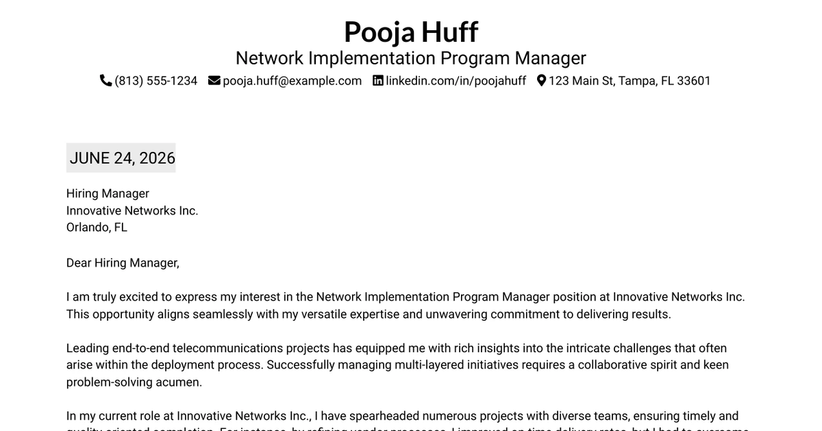 30+ Network Implementation Program Manager Cover Letter Templates with Example 2026