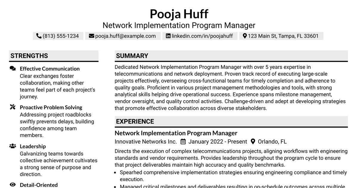 33 Network Implementation Program Manager Resume Templates with Example 2026 (ATS-Optimized)