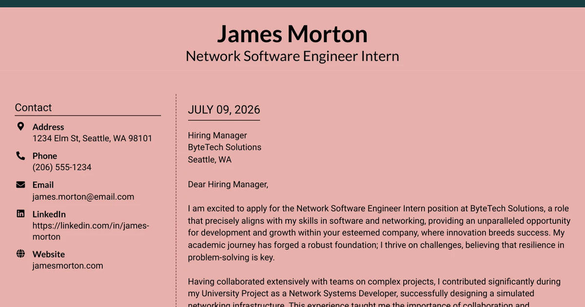 30+ Network Software Engineer Intern Cover Letter Templates with Example 2026