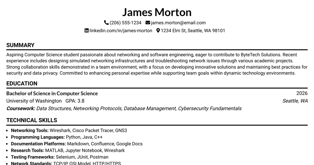 33 Network Software Engineer Intern Resume Templates with Example 2026 (ATS-Optimized)