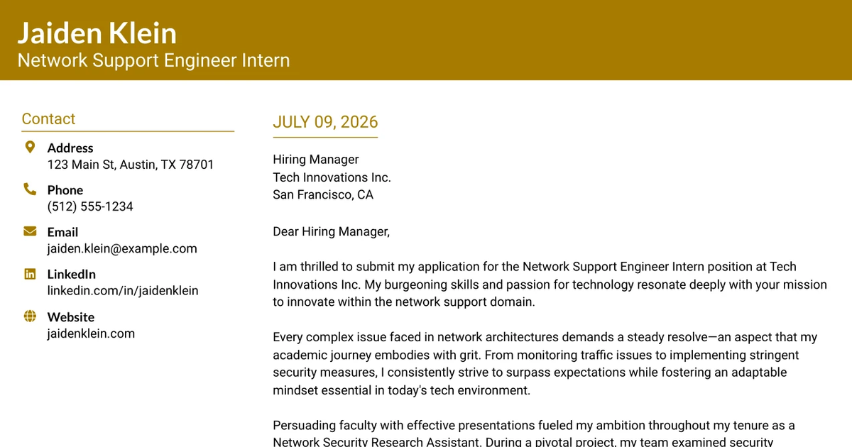 30+ Network Support Engineer Intern Cover Letter Templates with Example 2026