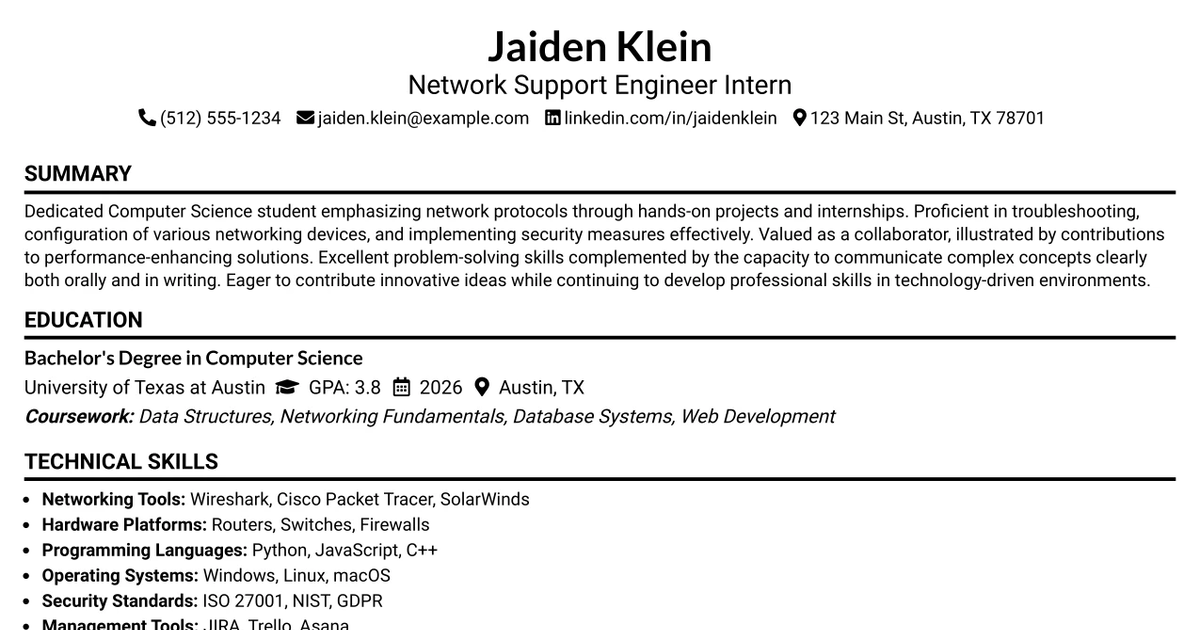 33 Network Support Engineer Intern Resume Templates with Example 2026 (ATS-Optimized)