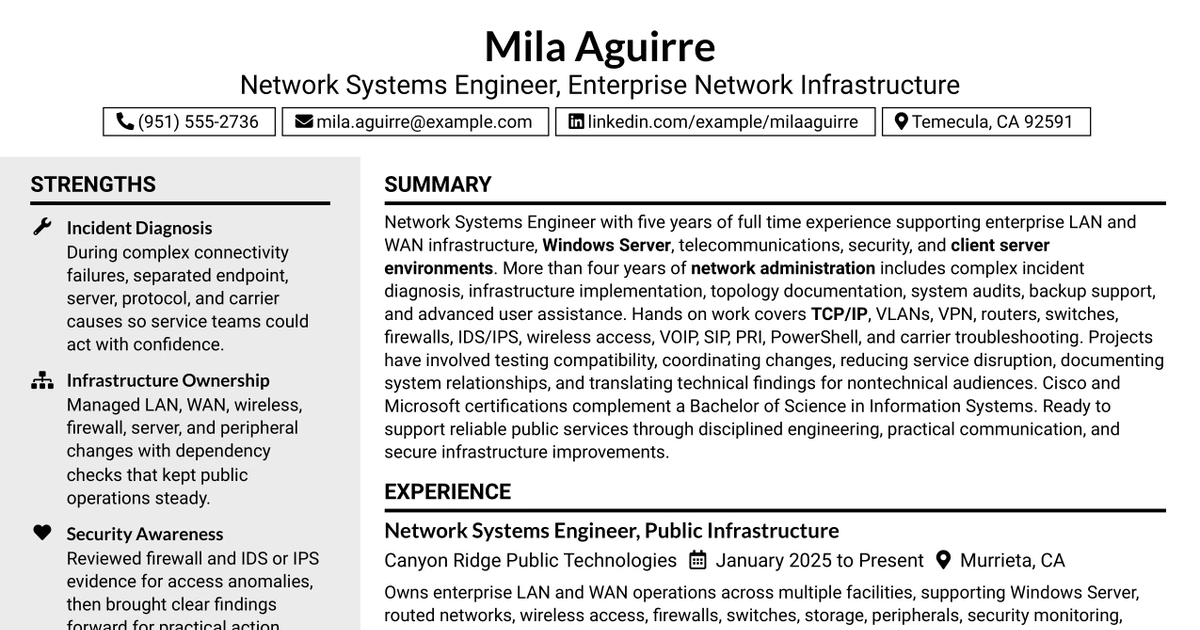 33 Network Systems Engineer - Enterprise Network Infrastructure Resume Templates with Example 2026 (ATS-Optimized)