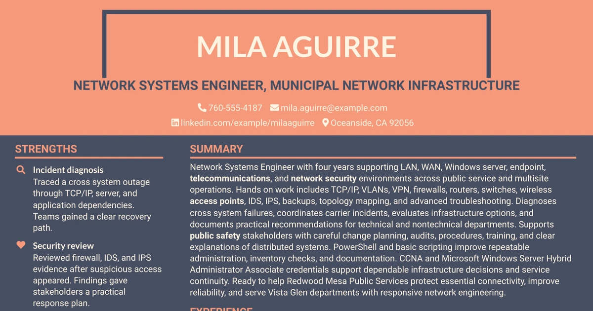 33 Network Systems Engineer - Municipal Network Infrastructure Resume Templates with Example 2026 (ATS-Optimized)
