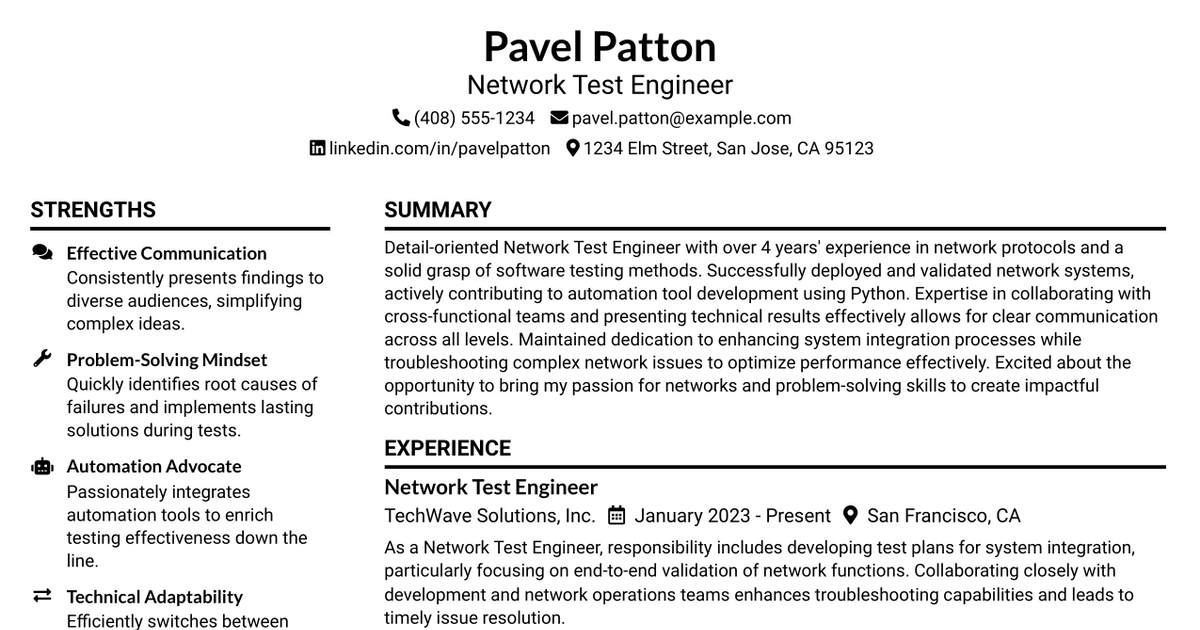 33 Network Test Engineer Resume Templates with Example 2026 (ATS-Optimized)