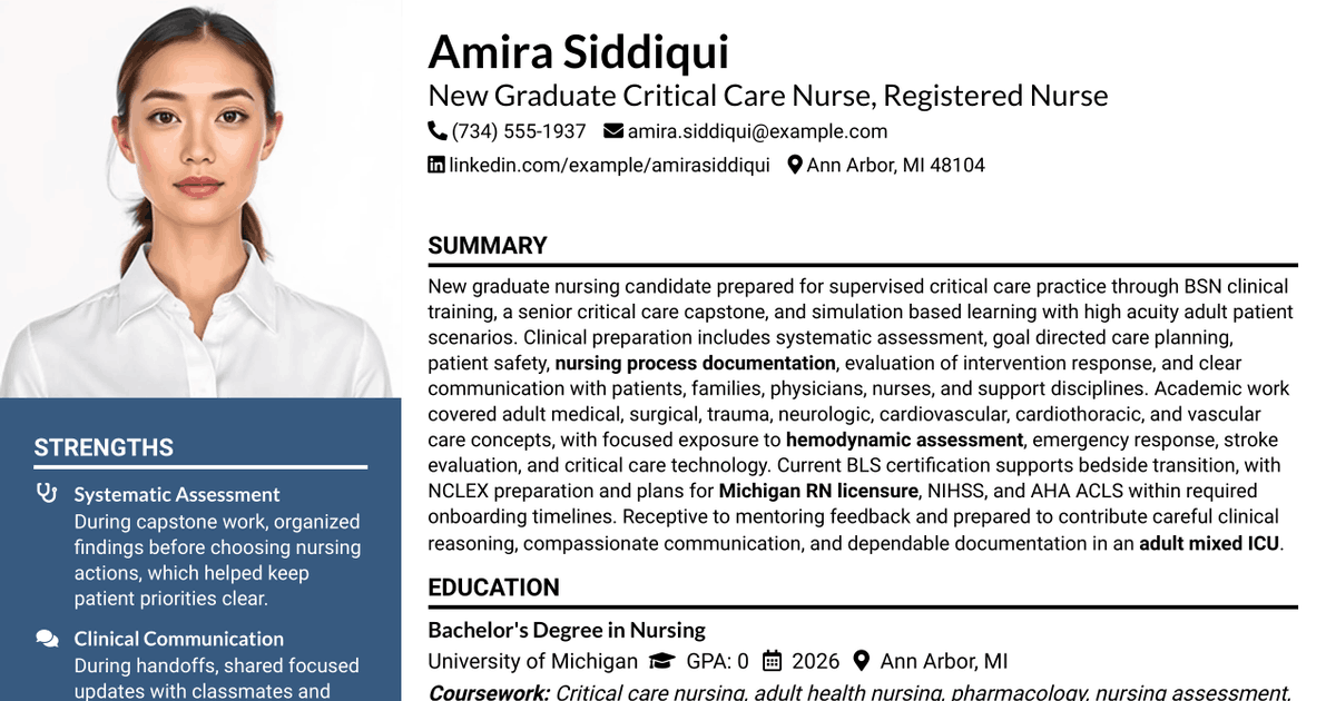 7 New Graduate Critical Care Nurse (RN) Resume Templates with Example