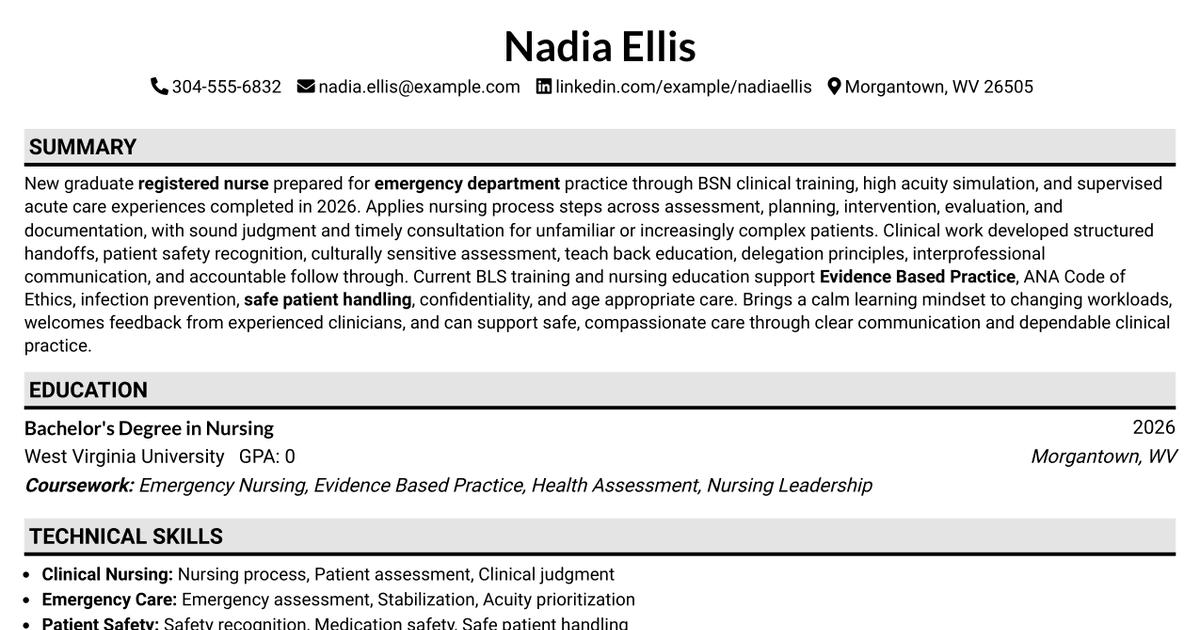 7 New Graduate Emergency Department Registered Nurse (RN) Resume Templates with Example