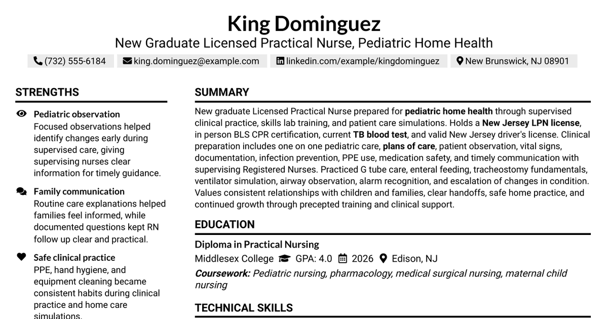 7 New Graduate Licensed Practical Nurse - Pediatric Home Health Resume Templates with Example