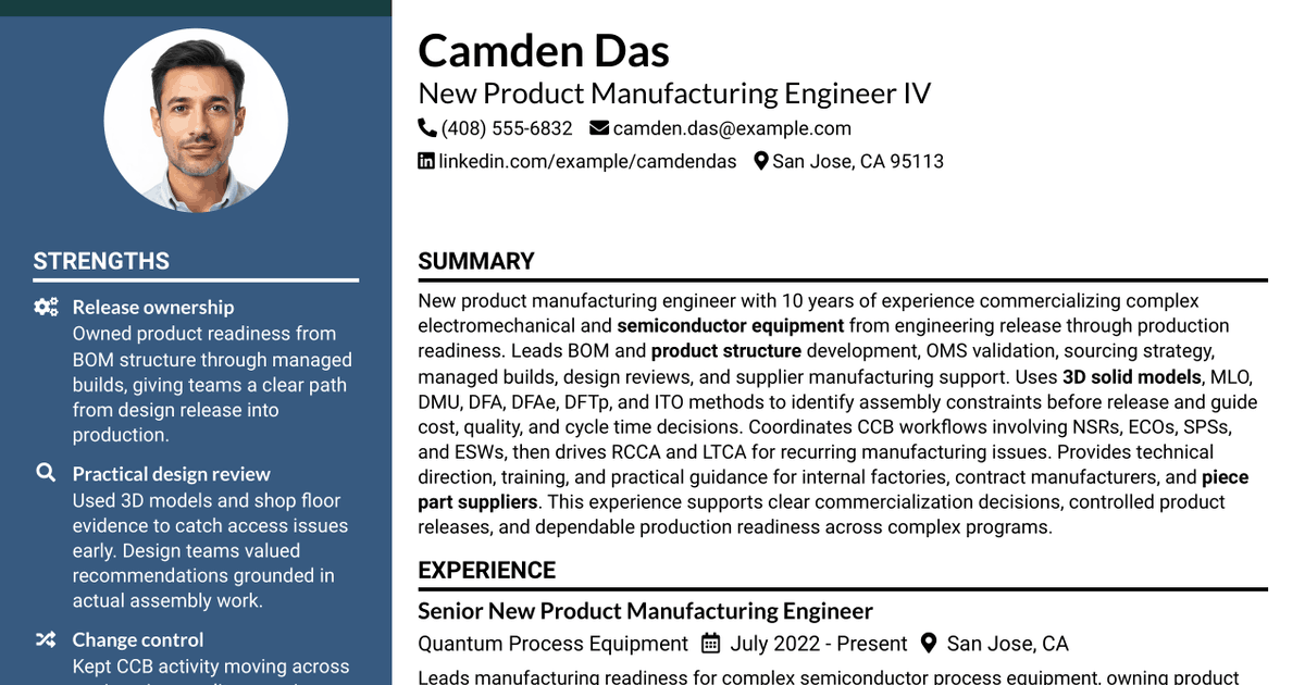 7 New Product Manufacturing Engineer IV Resume Templates with Example