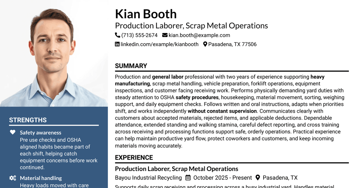 7 NF Production I - Scrap Metal Operations Resume Templates with Example