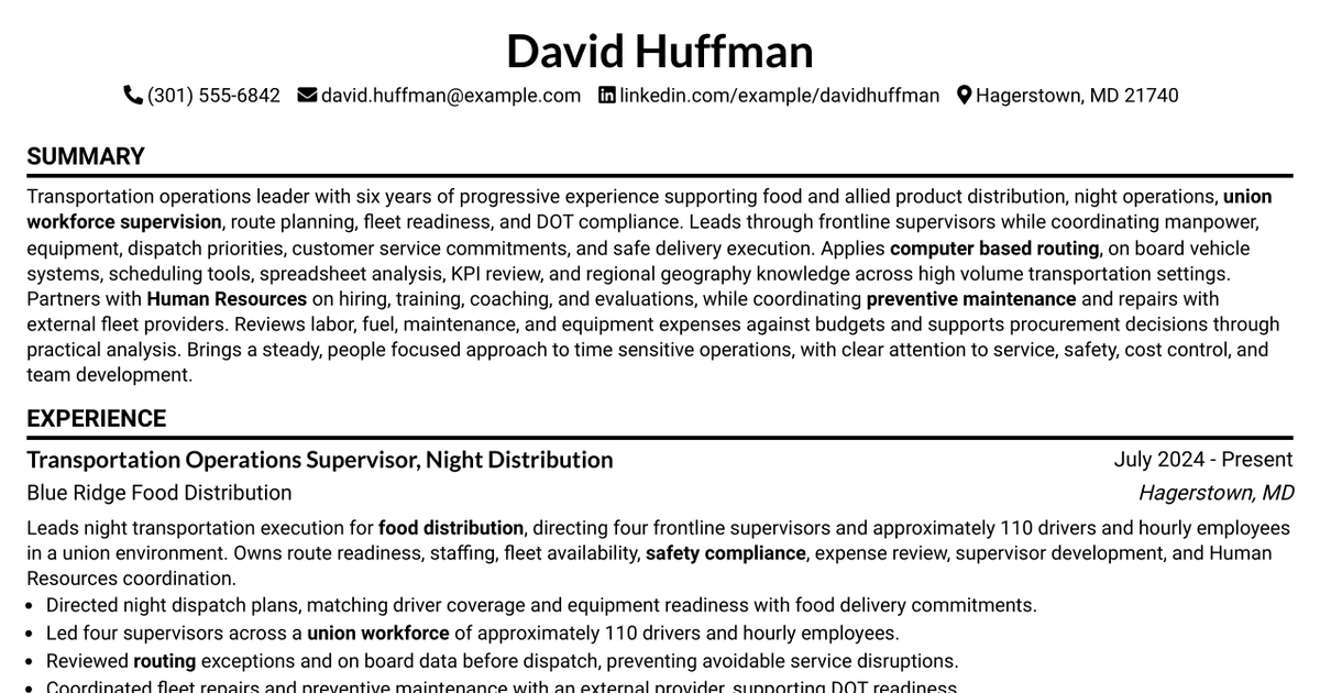 7 Night Transportation Supervisor Resume Templates with Example