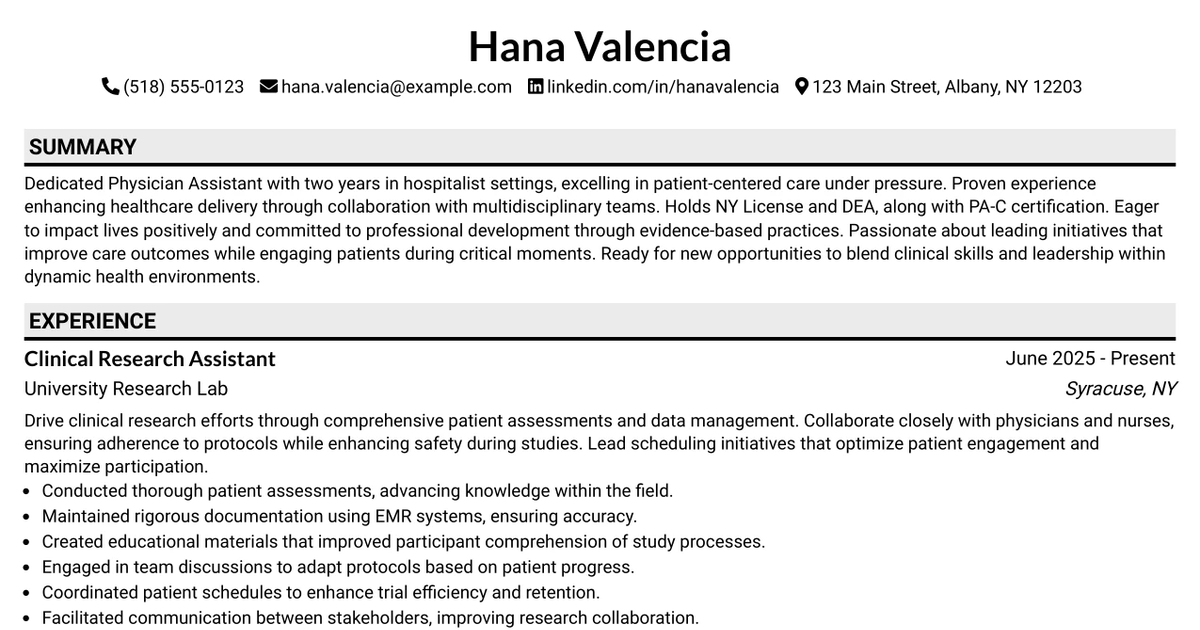 33 Nocturnist Physician Assistant Resume Templates with Example 2026 (ATS-Optimized)