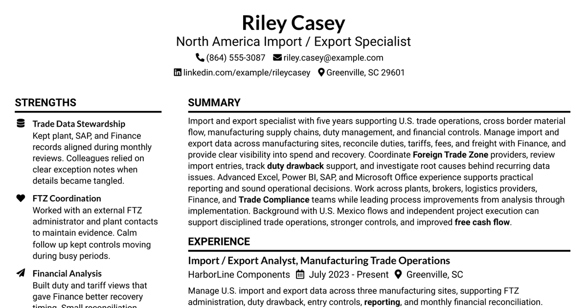 7 North America Import / Export Specialist Resume Templates with Example