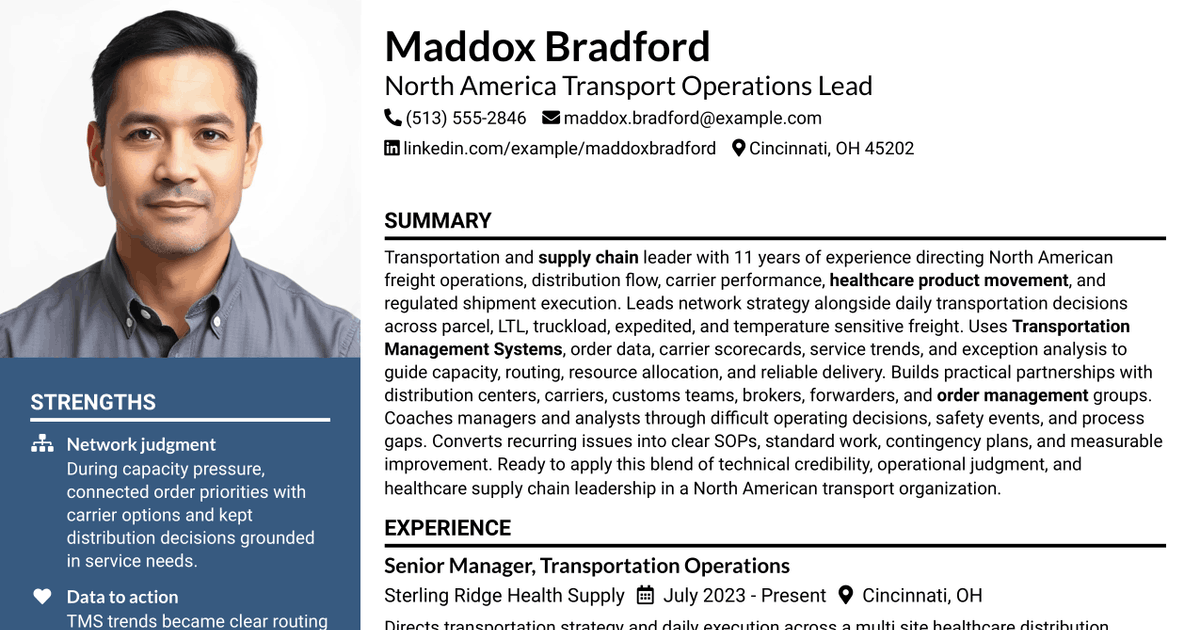 7 North America Transport Operations Lead Resume Templates with Example