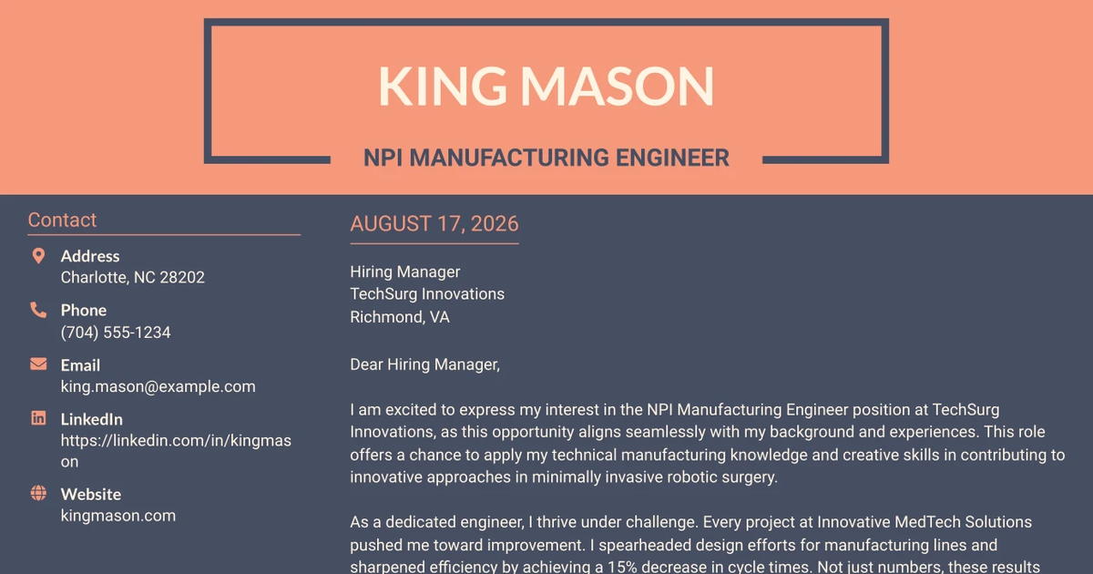 30+ NPI Manufacturing Engineer Cover Letter Templates with Example 2026