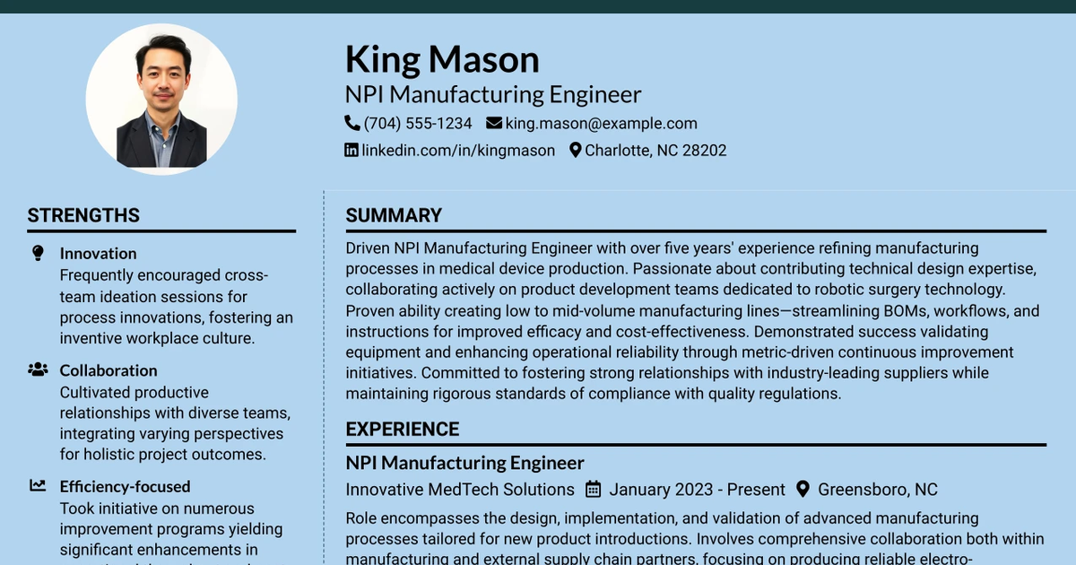 33 NPI Manufacturing Engineer Resume Templates with Example 2026 (ATS-Optimized)