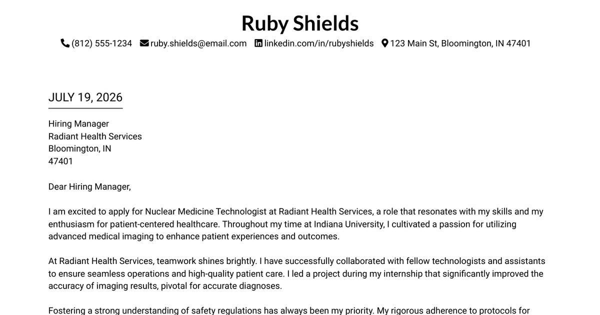 30+ Nuclear Medicine Technologist Cover Letter Templates with Example 2026