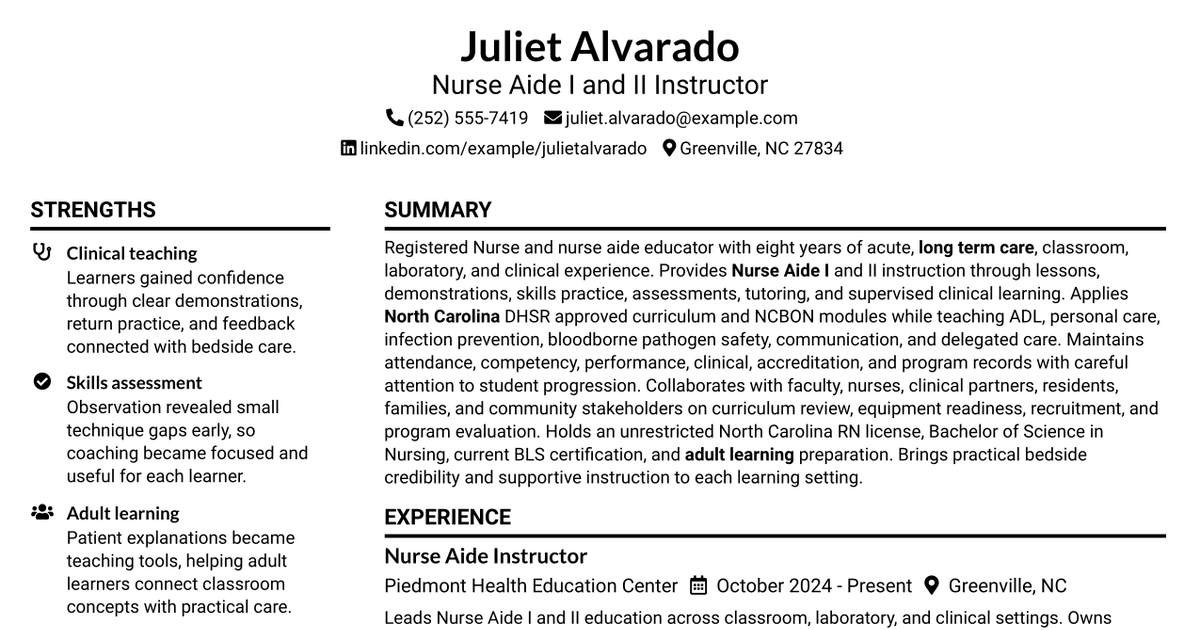 7 Nurse Aide I and II Instructor Resume Templates with Example