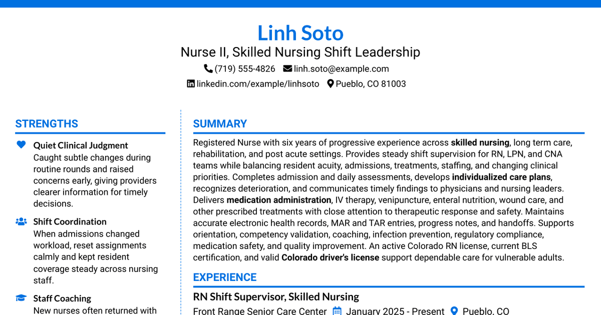 7 Nurse II - Skilled Nursing Shift Leadership Resume Templates with Example