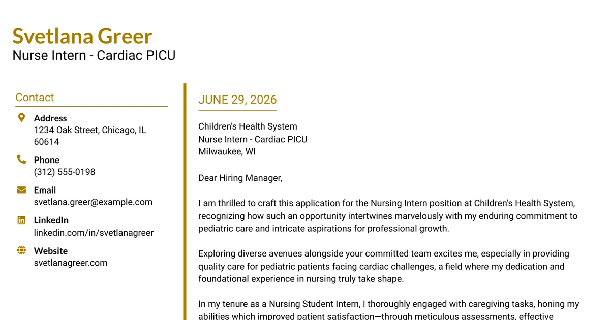30+ Nurse Intern - Cardiac PICU Cover Letter Templates with Example 2026