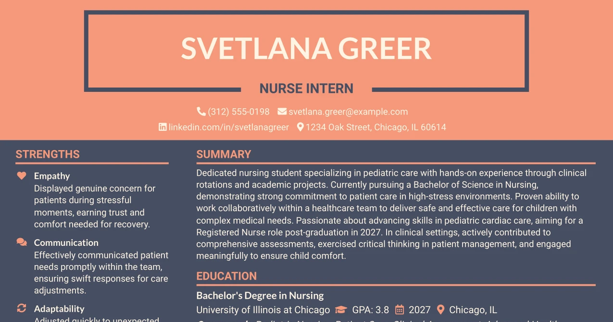 33 Nurse Intern - Cardiac PICU Resume Templates with Example 2026 (ATS-Optimized)