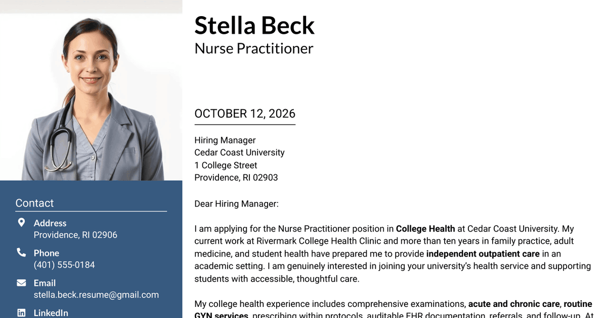 7 Nurse Practitioner - College Health Cover Letter Templates with Example
