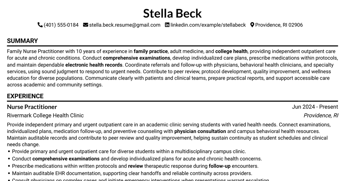 7 Nurse Practitioner - College Health Resume Templates with Example