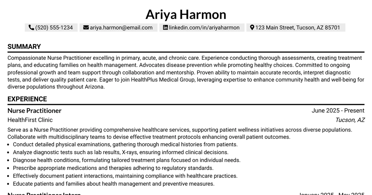 33 Nurse Practitioner - Entry-Level Resume Templates with Example 2026 (ATS-Optimized)