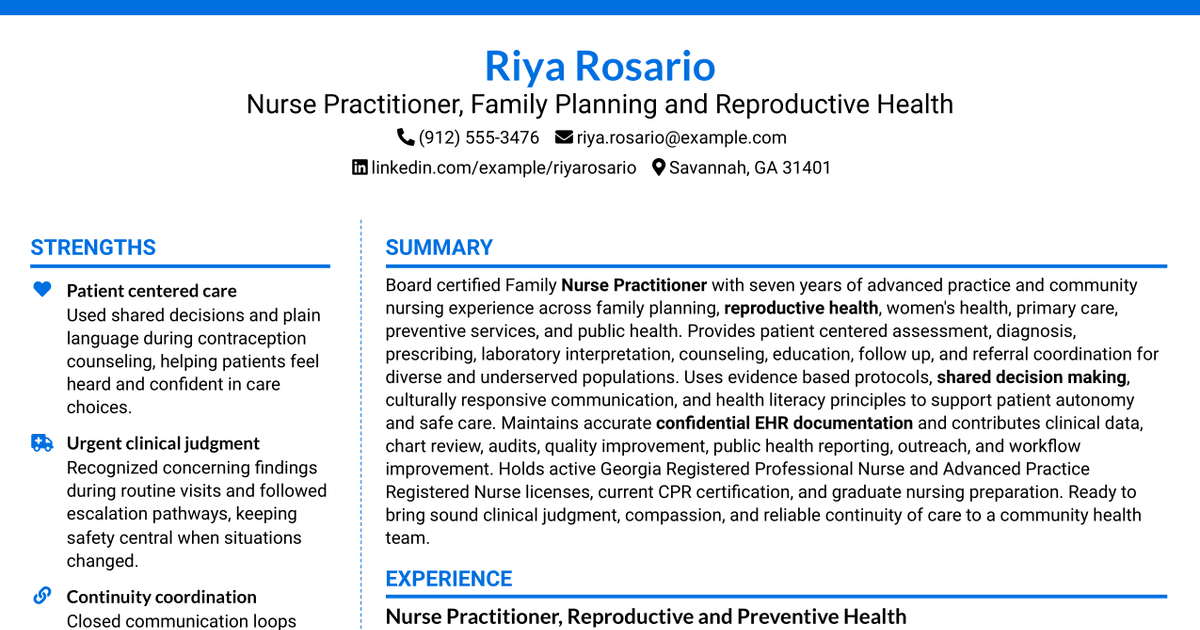 7 Nurse Practitioner - Family Planning and Reproductive Health Resume Templates with Example