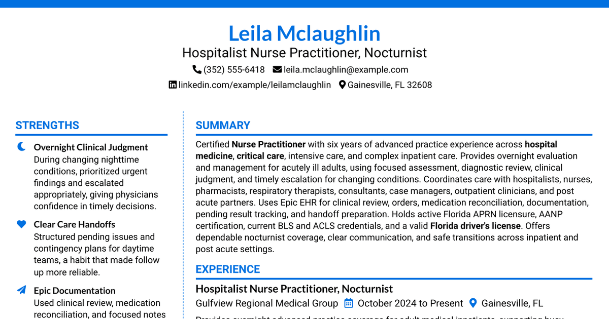 7 Nurse Practitioner or Physician Assistant - Hospitalist Nocturnist Resume Templates with Example