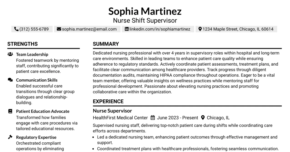 33 Nurse Shift Supervisor (RN/LPN) Resume Templates with Example 2026 (ATS-Optimized)