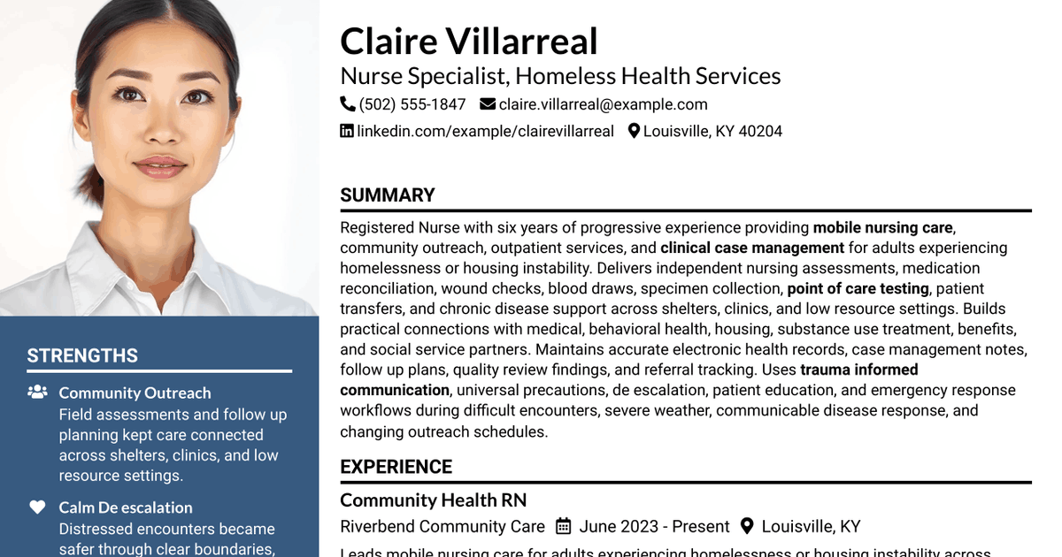 7 Nurse Specialist - Homeless Health Services Resume Templates with Example
