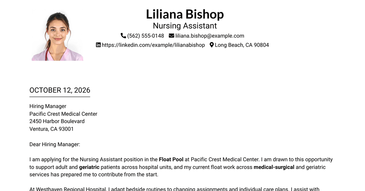7 Nursing Assistant - Float Pool Cover Letter Templates with Example