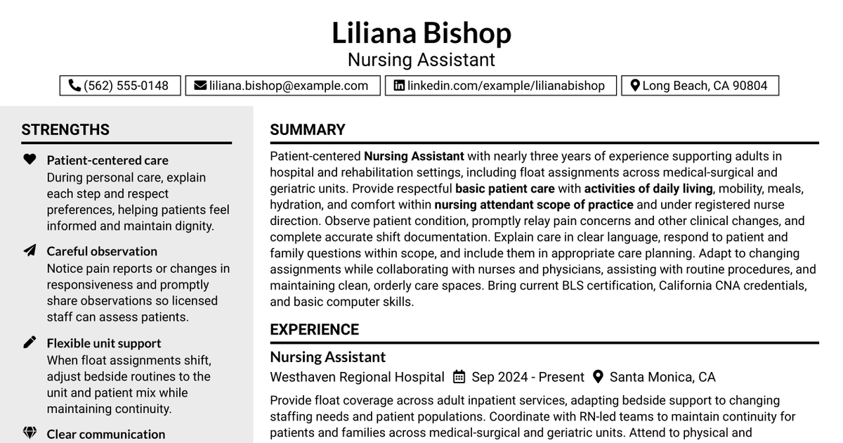 7 Nursing Assistant - Float Pool Resume Templates with Example