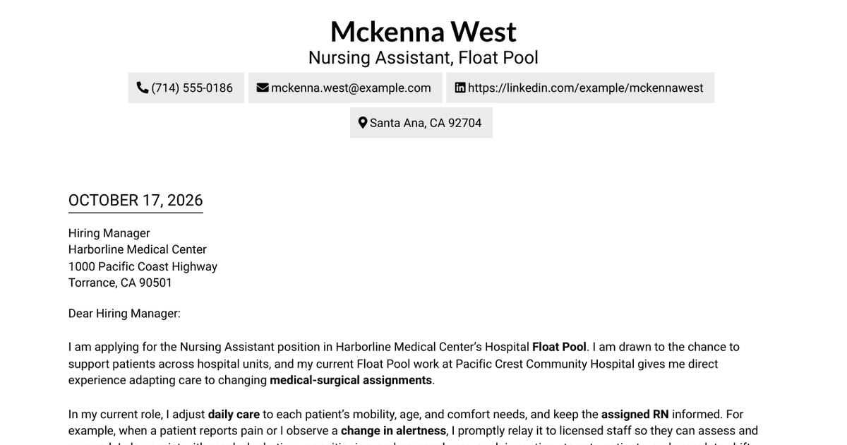 7 Nursing Assistant - Hospital Float Pool Cover Letter Templates with Example