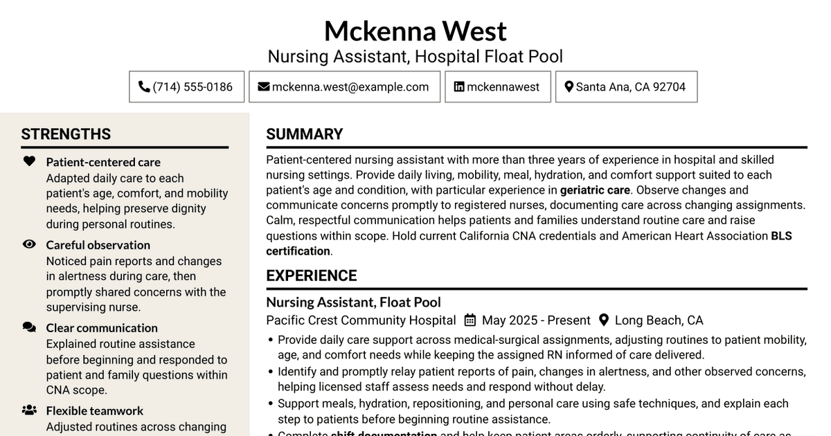 7 Nursing Assistant - Hospital Float Pool Resume Templates with Example
