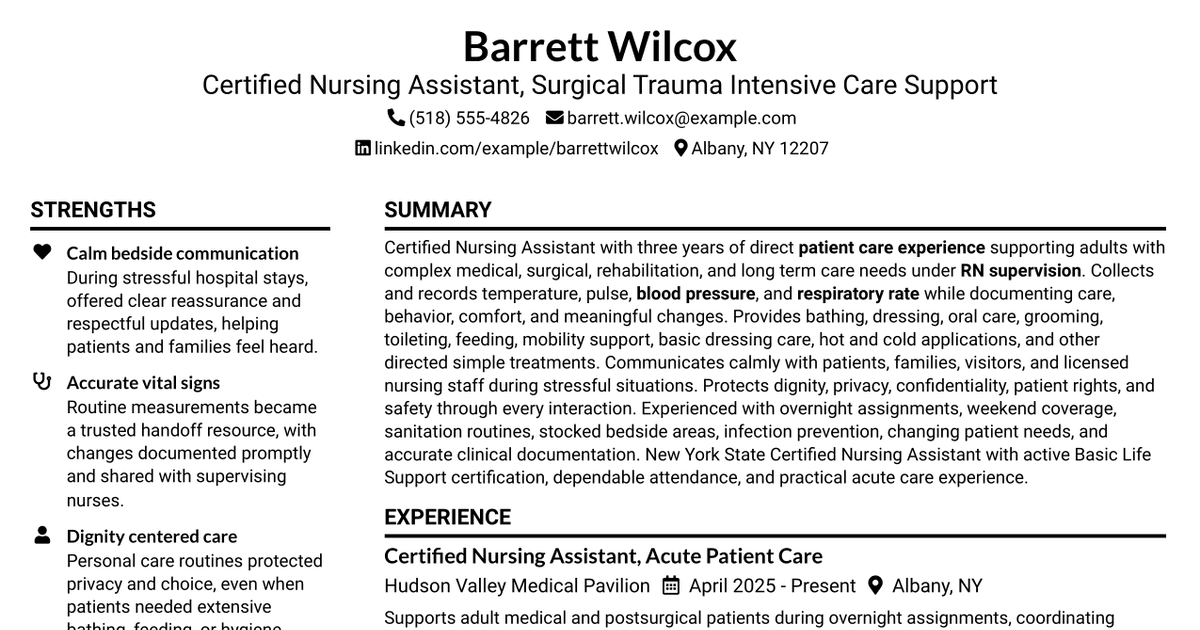 7 Nursing Assistant I/II - Surgical Trauma Intensive Care Unit Resume Templates with Example