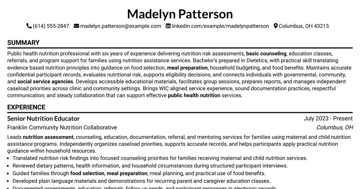 7 Nutrition Services Educator - WIC Resume Templates with Example