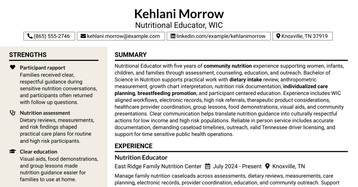 7 Nutritional Educator - WIC Resume Templates with Example