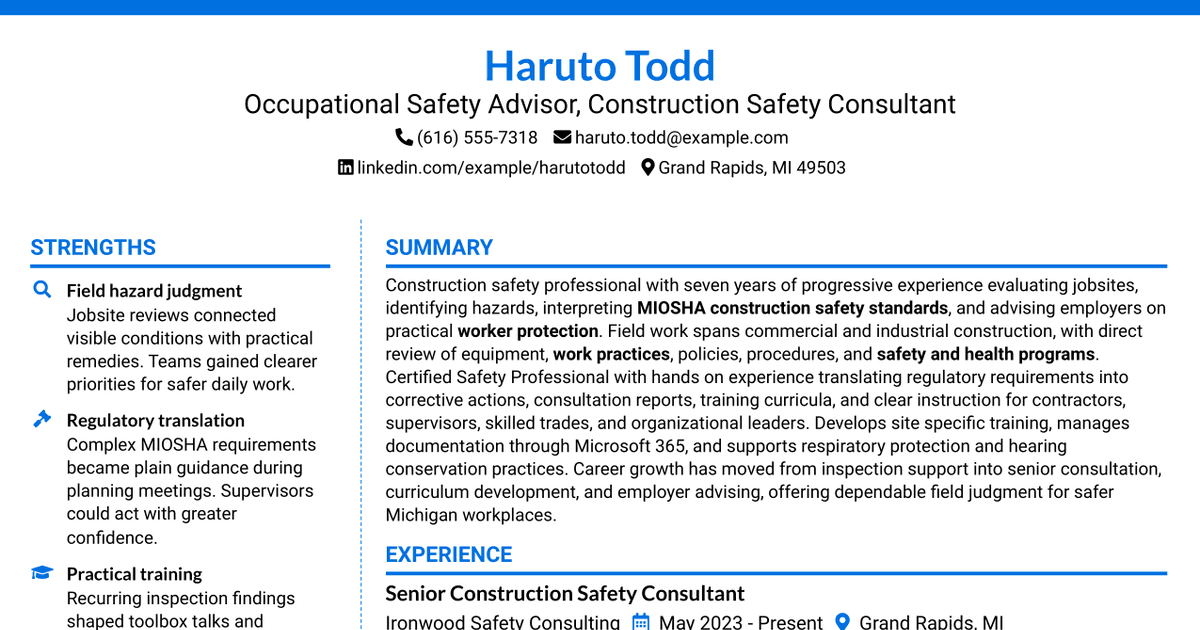 7 Occupational Safety Advisor - Construction Safety Consultant Resume Templates with Example