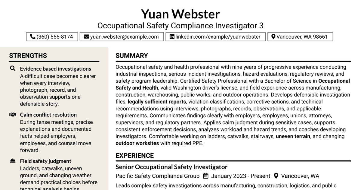 7 Occupational Safety Compliance Investigator 3 Resume Templates with Example