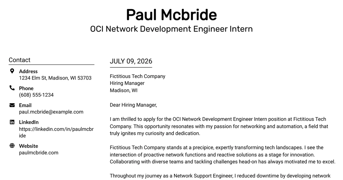30+ OCI Network Development Engineer Intern Cover Letter Templates with Example 2026