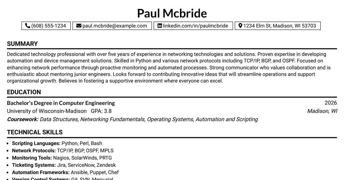 33 OCI Network Development Engineer Intern Resume Templates with Example 2026 (ATS-Optimized)
