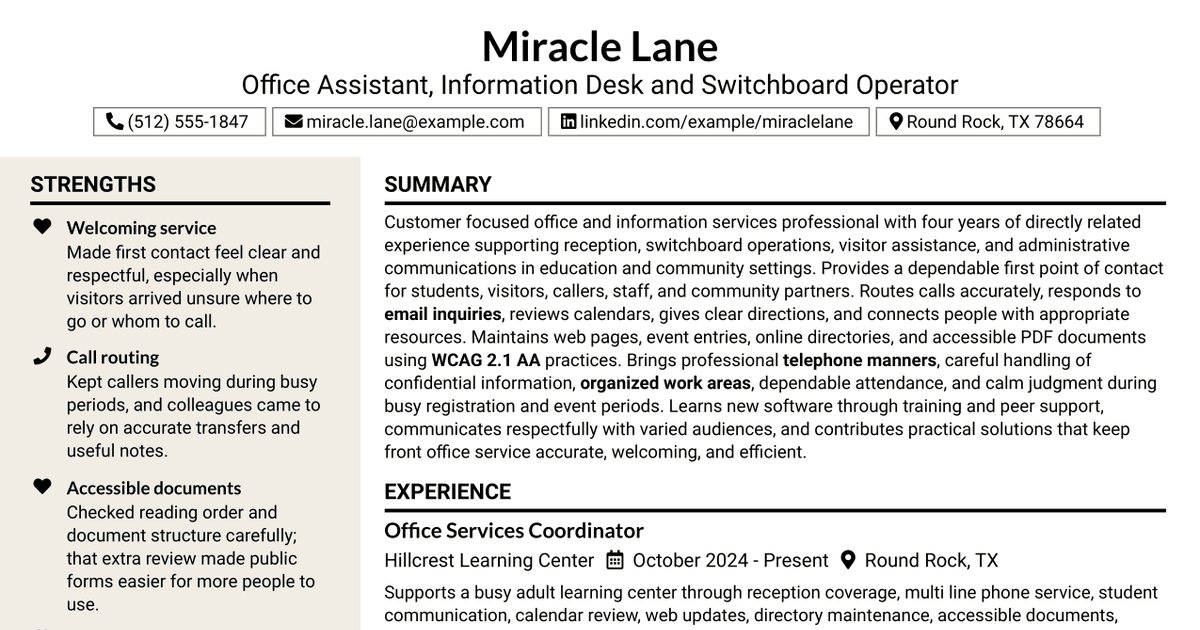 7 Office Assistant, Information Desk/Switchboard Operator Resume Templates with Example