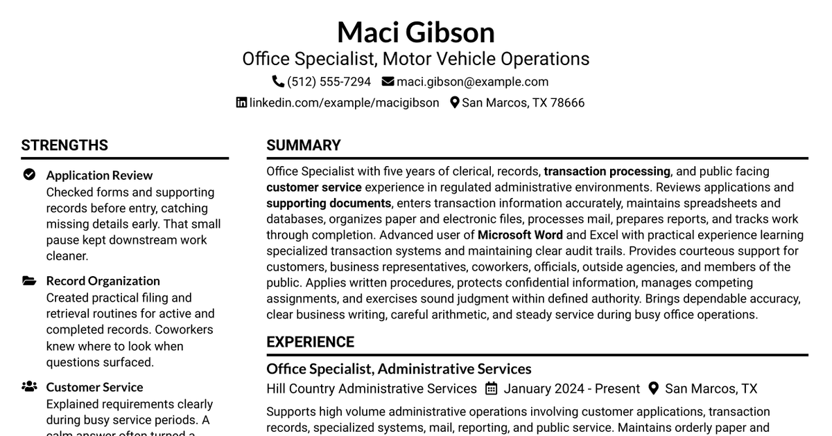7 Office Specialist - Motor Vehicle Resume Templates with Example