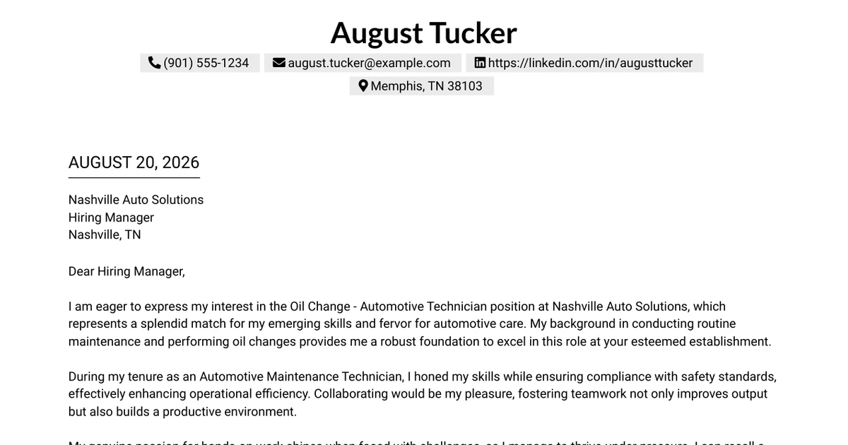 30+ Oil Change - Automotive Technician Cover Letter Templates with Example 2026