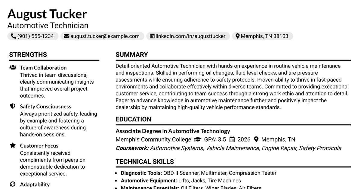 33 Oil Change - Automotive Technician Resume Templates with Example 2026 (ATS-Optimized)