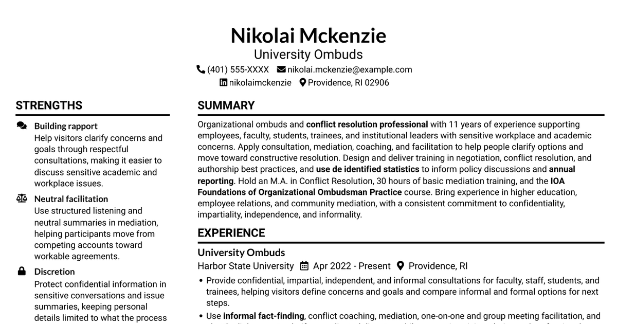 7 Ombuds I - Higher Education Conflict Resolution Resume Templates with Example