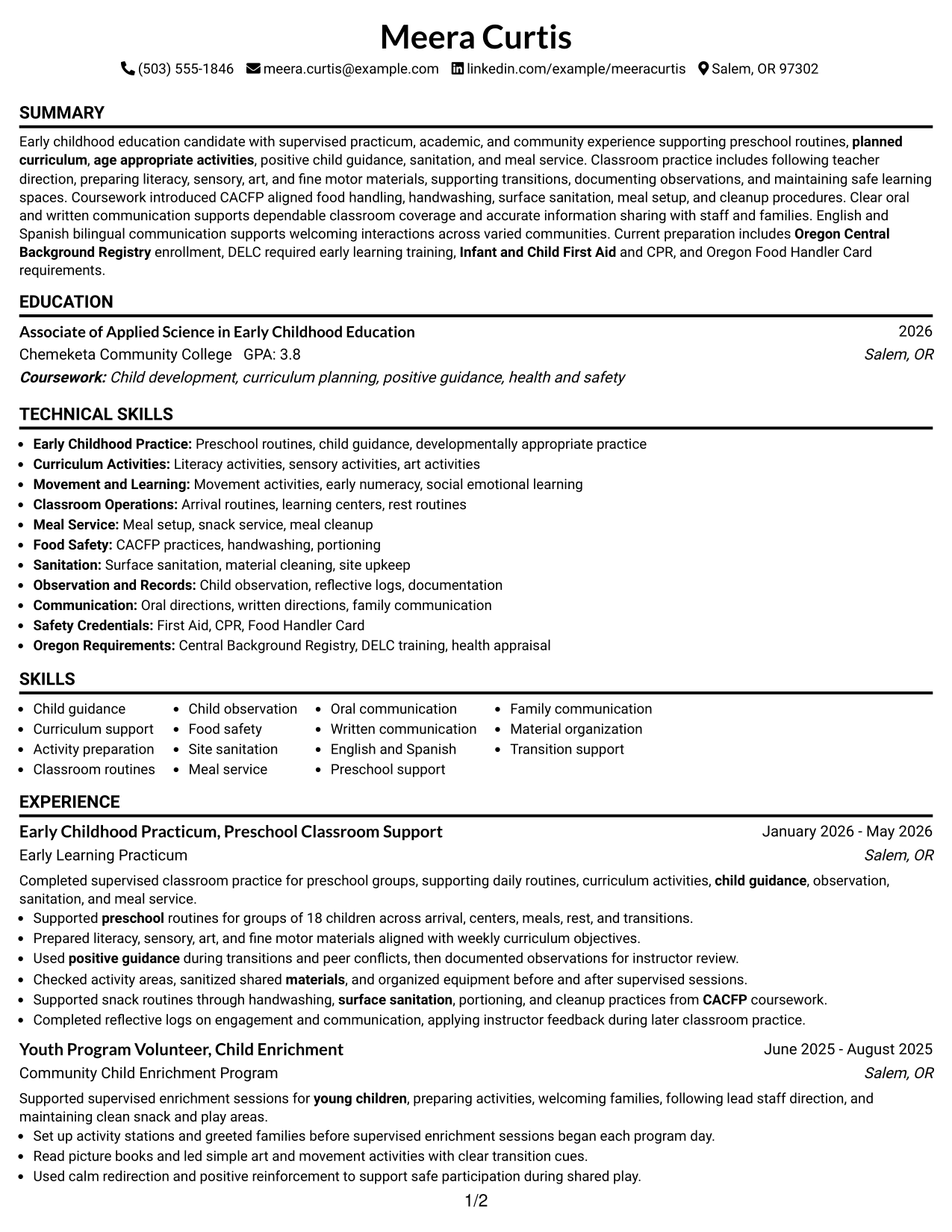 Resume Example Page 1
